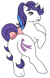 Size: 2254x3469 | Tagged: suggestive, derpibooru import, glory, pony, unicorn, g1, bedroom eyes, bow, butt, cute, female, glorybetes, glorybutt, image, lidded eyes, mare, open mouth, plot, png, presenting, simple background, smiling, solo, sultry pose, tail, tail aside, tail bow, transparent background