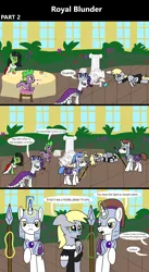Size: 1920x3516 | Tagged: safe, artist:platinumdrop, derpibooru import, derpy hooves, princess platinum, rarity, spike, oc, oc:anonfilly, dragon, pegasus, pony, unicorn, comic:royal blunder, 3 panel comic, accident, alternate universe, angry, armor, blood, bust, cake, cape, clothes, clumsy, comic, commission, crash, crown, crying, damaged, dazed, derpy being derpy, destruction, dialogue, drink, duster, female, filly, floppy ears, flower, flying, foal, food, garden, gem, glow, glowing horn, guard, head scratch, horn, i just don't know what went wrong, image, indoors, jewelry, lying down, m'lady, magic, maid, maid headdress, makeup, male, mare, monocle, nosebleed, offscreen character, open mouth, ouch, plants, pleading, png, princess, prone, regalia, royal, royalty, scrunchy face, shocked, sitting, spear, speech bubble, spread wings, stallion, statue, surprised, table, tablecloth, talking, tea, tea party, teapot, telekinesis, uniform, vase, walking, wall of tags, weapon, window, wings, wings down