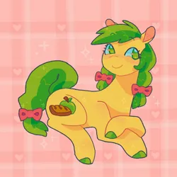 Size: 1440x1440 | Tagged: safe, artist:ariariari.png, derpibooru import, apple fritter, earth pony, pony, alternate cutie mark, apple family member, colored hooves, image, jpeg, patterned background, pigtails, solo