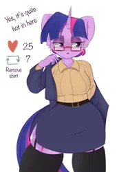 Size: 1411x2040 | Tagged: safe, artist:eventseem, derpibooru import, twilight sparkle, anthro, pony, unicorn, breasts, clothes, female, floppy ears, glasses, image, jacket, mare, png, shirt, simple background, skirt, socks, solo, talking to viewer, teacher, text, thigh highs, undressing, white background, wide hips, zettai ryouiki