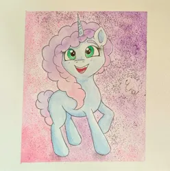 Size: 1373x1385 | Tagged: safe, artist:engi, derpibooru import, pony, unicorn, g5, cute, happy, image, jpeg, missing cutie mark, misty brightdawn, open mouth, simple background, smiling, traditional art, watercolor painting