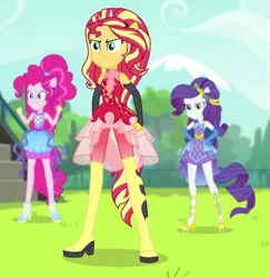 Size: 564x580 | Tagged: safe, derpibooru import, screencap, pinkie pie, rarity, sunset shimmer, cheer you on, equestria girls, equestria girls series, spoiler:eqg series (season 2), alternate hairstyle, boots, cape, clothes, evening gloves, female, fingerless elbow gloves, fingerless gloves, gloves, image, jewelry, jpeg, knee-high boots, leg bracelet, leggings, long gloves, ponied up, shoes, sleeveless, smiling, spiked headband, super ponied up, tiara, trio, trio female