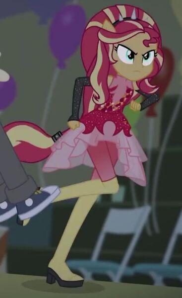 Size: 564x921 | Tagged: safe, derpibooru import, screencap, sunset shimmer, cheer you on, equestria girls, equestria girls series, spoiler:eqg series (season 2), alternate hairstyle, boots, clothes, determined, dress, glare, image, jpeg, knee-high boots, leggings, ponied up, pony ears, running, shoes, skirt, spiked headband, super ponied up