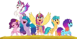 Size: 12712x6541 | Tagged: safe, alternate version, artist:ejlightning007arts, derpibooru import, edit, hitch trailblazer, izzy moonbow, pipp petals, sunny starscout, zipp storm, alicorn, earth pony, pegasus, pony, unicorn, g5, my little pony: a new generation, my little pony: make your mark, my little pony: tell your tale, spoiler:g5, spoiler:my little pony: make your mark chapter 5, applejack (g5), bag, bracelet, callback, coat markings, female, fluttershy (g5), flying, g4, g5 to g4, generation leap, gradient mane, handbag, image, jewelry, male, mane five, mane six (g5), mare, misty brightdawn, multicolored hair, my little pony: make your mark chapter 5, pinkie pie (g5), png, race swap, rainbow dash (g5), rainbow hair, rarity (g5), rebirth misty, simple background, socks (coat marking), stallion, sunnycorn, tiara, transparent background, twilight sparkle (g5), vector