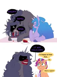 Size: 1852x2506 | Tagged: safe, artist:aztrial, derpibooru import, izzy moonbow, sunny starscout, oc, oc:mimic izzy, earth pony, mimic, pony, unicorn, g5, 2 panel comic, bowl, cherry, comic, disturbed, eating, eyes closed, fangs, female, food, grin, image, mane stripe sunny, mare, messy eating, mimic izzy, napkin, nervous, pie, png, skinwalker, smiling, sweat, sweatdrop, trio, unshorn fetlocks