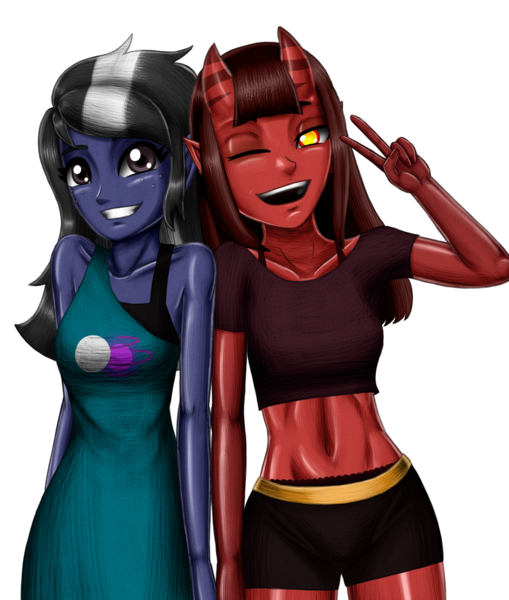 Size: 1946x2294 | Tagged: safe, artist:artemis-polara, derpibooru import, oc, oc:nebular eclipse, demon, human, equestria girls, belly button, commission, duo, equestria girls-ified, horns, humanized, image, meru the succubus, png, simple background, transparent background