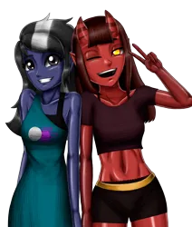 Size: 1946x2294 | Tagged: safe, artist:artemis-polara, derpibooru import, oc, oc:nebular eclipse, demon, human, equestria girls, belly button, commission, duo, equestria girls-ified, horns, humanized, image, meru the succubus, png, simple background, transparent background
