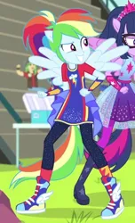 Size: 368x605 | Tagged: safe, derpibooru import, screencap, rainbow dash, sci-twi, twilight sparkle, cheer you on, equestria girls, equestria girls series, spoiler:eqg series (season 2), alternate hairstyle, big smile, boots, bracer, clothes, eyebrows, female, fist, grin, image, jewelry, knee-high boots, leggings, long shirt, offscreen character, offscreen female, pants, png, ponied up, pony ears, ponytail, raised eyebrow, regalia, shirt, shoes, sleeveless, sleeveless shirt, smiling, sneakers, socks, super ponied up, sweatpants, teeth, wings