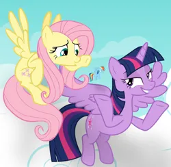 Size: 834x813 | Tagged: safe, artist:sketchmcreations, derpibooru import, fluttershy, rainbow dash, twilight sparkle, alicorn, pony, daytime, female, flying, gimp, image, jpeg, macro, micro, size difference, story included