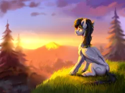 Size: 4000x2985 | Tagged: safe, artist:mithriss, derpibooru import, oc, unofficial characters only, pegasus, pony, concave belly, female, folded wings, image, lighting, mare, open mouth, outdoors, png, scenery, sitting, solo, sternocleidomastoid, sunset, tree, wings