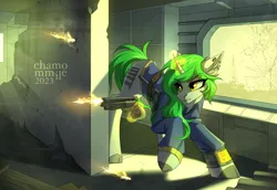 Size: 4000x2744 | Tagged: safe, artist:chamommile, derpibooru import, oc, unofficial characters only, original species, pony, unicorn, fallout equestria, ammunition, armor, clothes, commission, ear fluff, ear piercing, fallout, female, full body, green hair, gun, handgun, horn, image, light skin, magic, piercing, pistol, png, ponytail, revolver, running, shot, solo, telekinesis, unicorn oc, uniform, weapon, ych result, yellow eyes