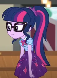 Size: 237x324 | Tagged: safe, derpibooru import, screencap, sci-twi, twilight sparkle, equestria girls, equestria girls series, holidays unwrapped, spoiler:eqg series (season 2), <:|, bowtie, clothes, cutie mark, cutie mark on clothes, geode of telekinesis, glasses, image, jewelry, magical geodes, pendant, png, pocket, polo shirt, ponytail, skirt, slouching, the cider louse fools