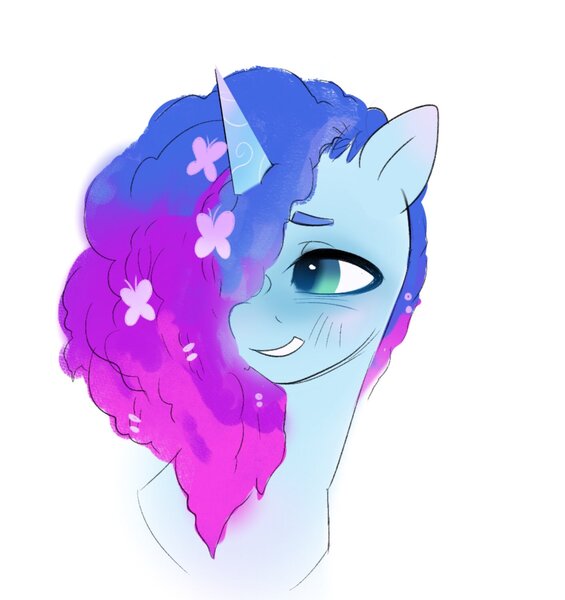 Size: 1411x1498 | Tagged: safe, artist:aztrial, derpibooru import, butterfly, insect, pony, unicorn, g5, bust, cornrows, image, jpeg, misty brightdawn, portrait, rebirth misty, smiling, solo