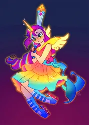 Size: 728x1024 | Tagged: safe, artist:catmintyt, derpibooru import, sunny starscout, human, g5, elf ears, gradient background, horn, horned humanization, humanized, image, jpeg, magical girl, roller skates, skates, solo, sword, weapon, wings