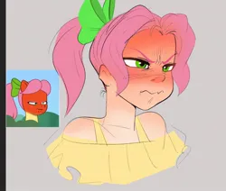 Size: 1522x1290 | Tagged: safe, artist:aztrial, derpibooru import, posey (g5), earth pony, human, pony, g5, my little pony: tell your tale, angry, bow, hair bow, humanized, image, jpeg, red face, scene interpretation, screencap reference, secret ad-mare-er, solo, wavy mouth