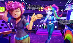 Size: 3671x2182 | Tagged: safe, artist:ichimoral, derpibooru import, rainbow dash, scootaloo, human, equestria girls, angry, arcade, arcade cabinet, arcade game, breasts, caption, clothes, collar, commission, converse, dash fighter vi, dialogue, duo, english, eyes closed, female, frustrated, hair, high res, hoodie, image, indoors, jpeg, leggings, pants, shirt, shoes, shorts, smiling, sweater, teenager, text, tomboy