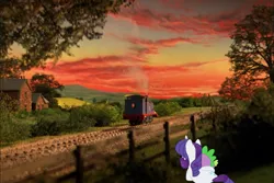 Size: 6529x4352 | Tagged: safe, artist:georgegarza01, derpibooru import, rarity, spike, dragon, unicorn, crossover, dating, female, house, image, locomotive, male, png, shipping, sitting, sparity, steam locomotive, straight, sunset, thomas and friends, thomas and the magic railroad, thomas the tank engine, train, tree, trio