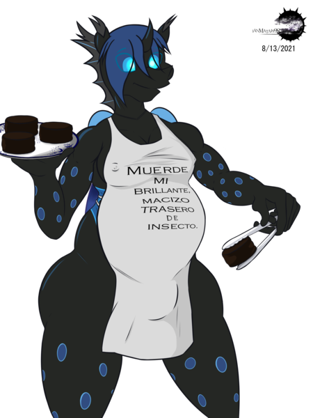 Size: 2000x2667 | Tagged: questionable, artist:ianmata1998, derpibooru import, oc, oc:w. rhinestone eyes, anthro, changeling, alfajor, chef, chubby, chunkling, clothes, cooking, crotch bulge, food, happy, honeypot changeling, image, large butt, male, moobs, nudity, png, spanish text
