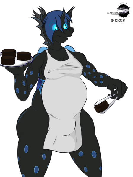 Size: 2000x2667 | Tagged: questionable, alternate version, artist:ianmata1998, derpibooru import, oc, oc:w. rhinestone eyes, anthro, changeling, adorable face, alfajor, blue changeling, chef, chubby, chunkling, cooking, crotch bulge, cute, honeypot changeling, image, large butt, male, moobs, nudity, png, smiling, textless version