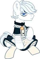 Size: 845x1247 | Tagged: safe, artist:yeetmedownthestairs, derpibooru import, double diamond, earth pony, pony, clothes, collar, commission, crossdressing, image, maid, male, png, simple background, sitting, socks, solo, stallion, stockings, thigh highs, transparent background, unamused, ych result
