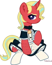 Size: 1018x1277 | Tagged: safe, artist:yeetmedownthestairs, derpibooru import, oc, oc:sunshine blaze, unofficial characters only, pony, unicorn, clothes, collar, commission, female, image, magical lesbian spawn, maid, mare, offspring, parent:starlight glimmer, parent:sunset shimmer, parents:shimmerglimmer, png, simple background, sitting, socks, solo, stockings, thigh highs, transparent background, unamused, ych result