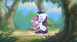 Size: 909x497 | Tagged: safe, artist:georgegarza01, derpibooru import, rarity, spike, dragon, pony, unicorn, blushing, disney, duo, eyes closed, female, floppy ears, forest, hooves on cheeks, hundred acre wood, image, kiss mark, kiss on the lips, kissing, lidded eyes, lipstick, male, mare, png, shipping, sparity, straight, tree, winged spike, wings, winnie the pooh