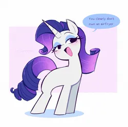 Size: 1703x1689 | Tagged: safe, artist:syrupyyy, derpibooru import, rarity, pony, unicorn, air fryer, eyeshadow, female, image, jpeg, makeup, mare, meme, missing cutie mark, open mouth, simple background, solo, white background