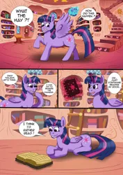 Size: 752x1063 | Tagged: safe, artist:tf-plaza, derpibooru import, twilight sparkle, twilight sparkle (alicorn), alicorn, book, golden oaks library, happy, human to pony, image, jpeg, levitation, library, magic, male to female, reading, rule 63, shocked, telekinesis