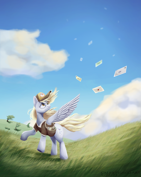 Size: 2000x2500 | Tagged: safe, artist:calebpedigo, derpibooru import, derpy hooves, pegasus, pony, bag, blown away, cloud, derp, female, frown, grass, hill, i just don't know what went wrong, image, letter, mailbag, mailmare, mare, png, sad, signature, sky, solo, tree, wind, windswept mane