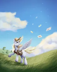 Size: 2000x2500 | Tagged: safe, artist:calebpedigo, derpibooru import, derpy hooves, pegasus, pony, bag, blown away, cloud, derp, female, frown, grass, hill, i just don't know what went wrong, image, letter, mailbag, mailmare, mare, png, sad, signature, sky, solo, tree, wind, windswept mane