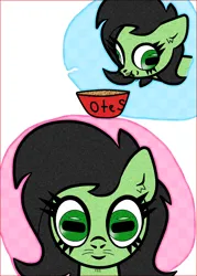 Size: 1000x1400 | Tagged: safe, artist:scandianon, derpibooru import, pony, bowl, derp, eating, female, filly, foal, food, hoers, image, looking at you, oats, png, rectangular pupil, wall eyed, whiskers