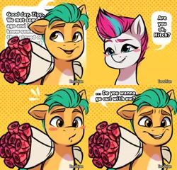 Size: 4096x3926 | Tagged: safe, artist:enochian, derpibooru import, hitch trailblazer, zipp storm, earth pony, pegasus, pony, g5, blushing, bouquet of flowers, comic, confession, dialogue, female, flower, hitchzipp, image, looking at each other, looking at someone, male, mare, png, rose, shipping, smiling, speech bubble, stallion, straight, talking, text