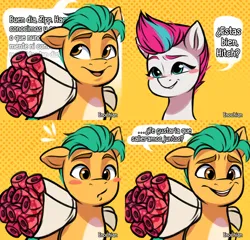 Size: 4096x3926 | Tagged: safe, artist:enochian, derpibooru import, hitch trailblazer, zipp storm, earth pony, pegasus, pony, g5, blushing, bouquet of flowers, comic, confession, dialogue, female, flower, hitchzipp, image, looking at each other, looking at someone, male, mare, png, rose, shipping, smiling, spanish, spanish text, speech bubble, stallion, straight, talking, text