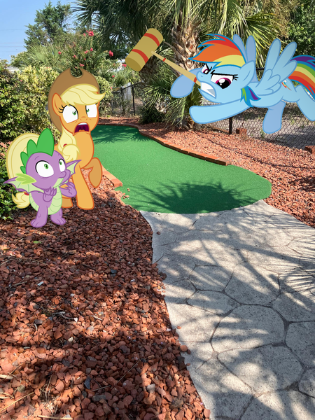 Size: 1280x1707 | Tagged: safe, edit, editor:undeadponysoldier, photographer:undeadponysoldier, ponerpics import, ponybooru import, applejack, rainbow dash, spike, dragon, earth pony, pegasus, pony, angry, best friends, croquet mallet, dragons in real life, edited photo, female, flying, frustrated, hanging out, image, irl, male, mare, minigolf, outdoors, photo, png, ponies in real life, rage, raised hoof, raised leg, scared, summer, this will not end well, vacation, winged spike