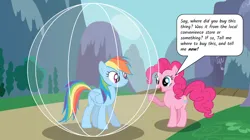 Size: 1286x721 | Tagged: safe, artist:rebelsuperstar, derpibooru import, pinkie pie, rainbow dash, earth pony, pegasus, bubble, female, image, in bubble, mountain, plastic bubble, png, sky
