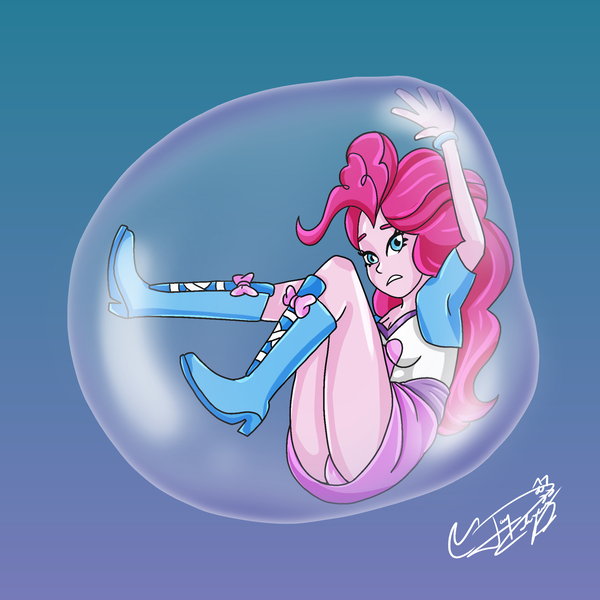 Size: 2048x2048 | Tagged: safe, artist:jayrodriguez, derpibooru import, pinkie pie, human, equestria girls, blue background, boots, bubble, clothes, cute, diapinkes, female, high heel boots, image, in bubble, jpeg, pink panties, pinkie pie is not amused, pinkie pie trapped in a bubble, shoes, signature, simple background, skirt, soap bubble, unamused, upskirt