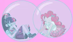 Size: 711x407 | Tagged: safe, artist:artsypuppet, derpibooru import, edit, pinkie pie, sci-twi, twilight sparkle, human, equestria girls, annoyed, bubble, bubble solution, cropped, duo, duo female, female, grin, image, in bubble, jpeg, pink background, pinkie pie trapped in a bubble, simple background, smiling, soap bubble, twilight sparkle is not amused, unamused