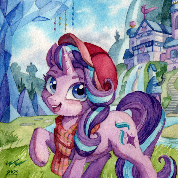 Size: 1644x1641 | Tagged: safe, artist:the-wizard-of-art, derpibooru import, starlight glimmer, pony, unicorn, cap, cheek fluff, clothes, cute, eyebrows, female, fluffy, g4, glimmerbetes, hat, horn, image, jpeg, looking at you, mare, open mouth, open smile, outdoors, raised hoof, scarf, scenery, school of friendship, smiling, smiling at you, solo, traditional art, twilight's castle, watercolor painting