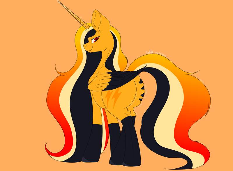 Size: 7743x5693 | Tagged: suggestive, artist:lightning bolty, derpibooru import, oc, oc:lightning bolty, alicorn, alicorn oc, butt, coat markings, colored wings, horn, image, implied vore, long mane, long mane male, long tail, looking at you, male, multicolored hair, multicolored wings, plot, png, rear view, socks (coat marking), sternocleidomastoid, striped mane, striped tail, tail, wing hold, wings