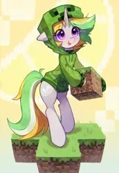 Size: 2259x3285 | Tagged: safe, artist:astraiblues, artist:astralblues, derpibooru import, oc, oc:lemonswoosh, unofficial characters only, pony, unicorn, bipedal, clothes, cosplay, costume, creeper (minecraft), cute, eye clipping through hair, eyebrows, eyebrows visible through hair, female, floppy ears, high res, hoodie, horn, image, mare, minecraft, ocbetes, png, solo, tongue out, unicorn oc