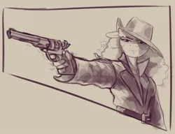 Size: 2048x1573 | Tagged: safe, artist:shouldbedrawing, derpibooru import, oc, oc:golden rose, unofficial characters only, anthro, earth pony, pony, fallout equestria, clothes, cowboy hat, fallout equestria oc, female, gun, handgun, hat, image, jpeg, mare, monochrome, revolver, sepia, solo, trenchcoat, weapon