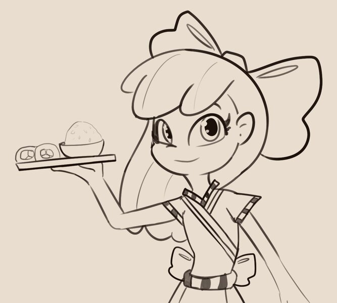 Size: 1201x1080 | Tagged: safe, artist:tjpones, derpibooru import, apple bloom, human, food, gray background, grayscale, humanized, image, jpeg, looking at you, monochrome, rice, simple background, smiling, smiling at you, solo, sushi, tray