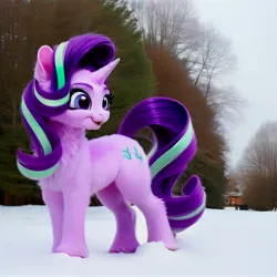 Size: 1536x1536 | Tagged: safe, derpibooru import, machine learning generated, stable diffusion, starlight glimmer, pony, unicorn, ai content, chest fluff, female, fur, generator:pony diffusion v5, image, jpeg, looking sideways, mare, open mouth, open smile, prompter:siber, realistic, smiling, snow, solo, standing, tree