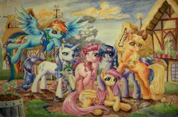 Size: 4575x3014 | Tagged: safe, artist:the-wizard-of-art, derpibooru import, applejack, derpy hooves, fluttershy, pinkie pie, rainbow dash, rarity, spike, twilight sparkle, earth pony, pegasus, pony, unicorn, g4, applejack's hat, cowboy hat, crossed arms, eyebrows, female, flying, folded wings, freckles, grin, hat, high res, horn, image, jpeg, looking at you, lying down, mane seven, mane six, mare, one eye closed, outdoors, ponyville, prone, raised hoof, smiling, smiling at you, spread wings, traditional art, unicorn twilight, watercolor painting, wings, wink, winking at you