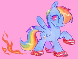 Size: 1075x817 | Tagged: safe, artist:shugrcube, derpibooru import, rainbow dash, pegasus, pony, cars (pixar), clothes, crocs, fire, grin, image, lightning mcqueen, pink background, png, raised hoof, shoes, simple background, smiling, solo, spread wings, wings