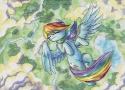Size: 6948x5043 | Tagged: safe, artist:the-wizard-of-art, derpibooru import, rainbow dash, pegasus, pony, absurd resolution, belly, cute, dashabetes, eyebrows, eyes closed, female, floating, flying, g4, image, jpeg, mare, peaceful, smiling, solo, spread wings, traditional art, watercolor painting, wings