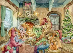 Size: 13712x10008 | Tagged: safe, artist:the-wizard-of-art, derpibooru import, apple bloom, applejack, big macintosh, bright mac, granny smith, pear butter, earth pony, pony, absurd file size, absurd resolution, apple family, apple siblings, apple sisters, applejack's hat, baby, baby apple bloom, brightbutter, brother and sister, christmas, christmas tree, cookie, cottagecore, cowboy hat, ear fluff, eyebrows, family, father and child, father and daughter, father and son, female, fireplace, fluffy, food, freckles, g4, grandmother and grandchild, grandmother and granddaughter, grandmother and grandson, grin, hat, holiday, hug, image, indoors, jpeg, lidded eyes, looking at each other, looking at someone, male, mare, mother and child, mother and daughter, mother and daughter-in-law, mother and son, mug, one eye closed, open mouth, open smile, shipping, siblings, signature, sisters, sitting, smiling, stallion, straight, table, traditional art, tree, underhoof, unshorn fetlocks, wall of tags, watercolor painting, window, wink, younger