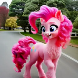 Size: 1536x1536 | Tagged: safe, derpibooru import, machine learning generated, stable diffusion, pinkie pie, earth pony, pony, ai content, chest fluff, female, generator:pony diffusion v5, image, jpeg, mare, open mouth, open smile, outdoors, prompter:siber, raised hoof, realistic, road, smiling, solo, tree, walking