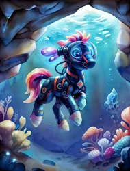 Size: 512x672 | Tagged: safe, derpibooru import, machine learning generated, earth pony, pony, ai content, diving suit, image, png, solo, underwater, water