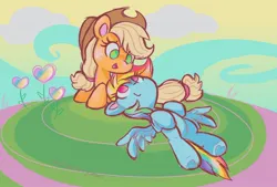 Size: 1580x1065 | Tagged: safe, artist:flutterberrypie, derpibooru import, applejack, rainbow dash, earth pony, pegasus, pony, appledash, applejack's hat, cloud, colored underhoof, cowboy hat, cute, dashabetes, duo, duo female, female, flower, freckles, g4, grass, hat, hoof heart, image, jackabetes, jpeg, lesbian, looking at each other, looking at someone, lying down, mare, no pupils, on back, open mouth, open smile, prone, shipping, signature, smiling, smiling at each other, spread wings, underhoof, wings